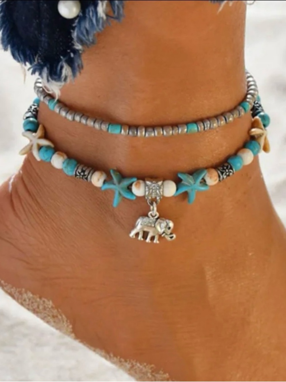 Turquoise Starfish Beaded Anklet Set with Elephant Charm